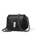 Black soft PU women's chain shoulder bag with sandwich pocket design and decorative sewing thread.