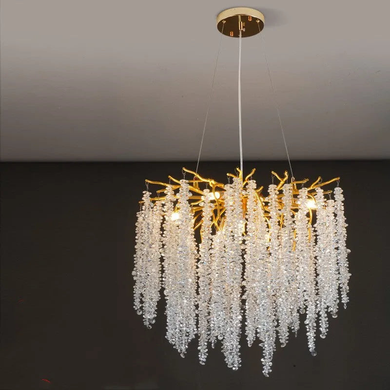 Crystal chandelier light with aluminium alloy body and LED illumination in multiple size configurations