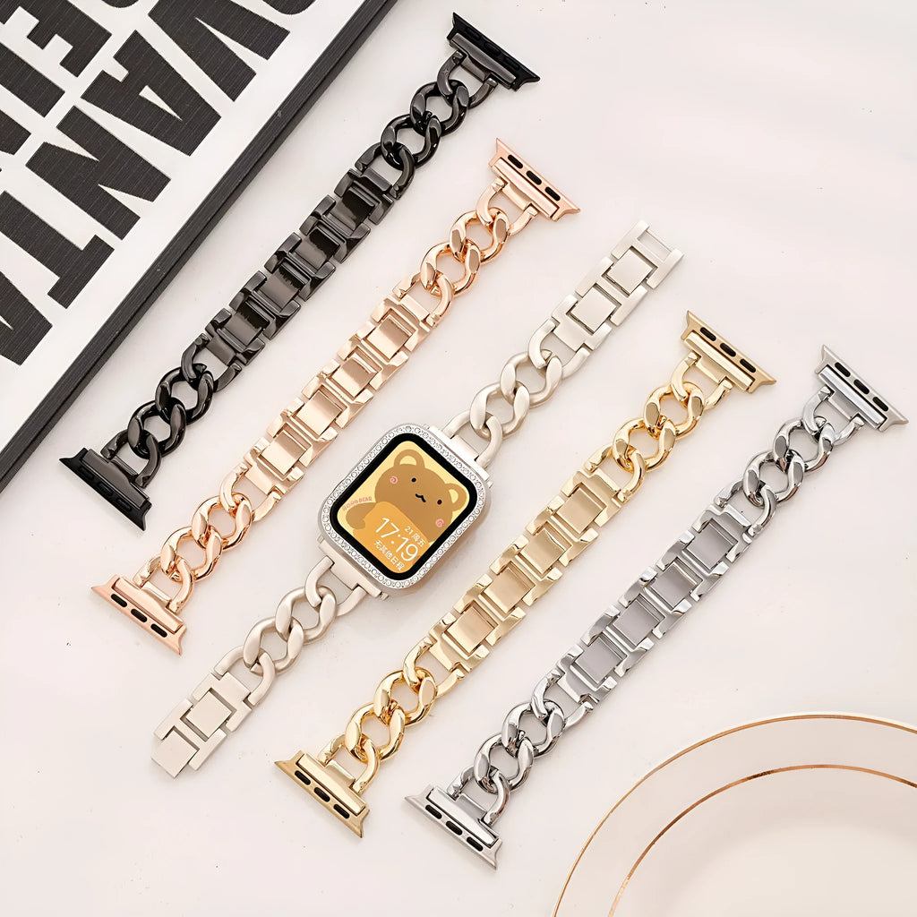 Metal chain link watch strap for Apple Watch in silver gold black rose gold and starlight finishes