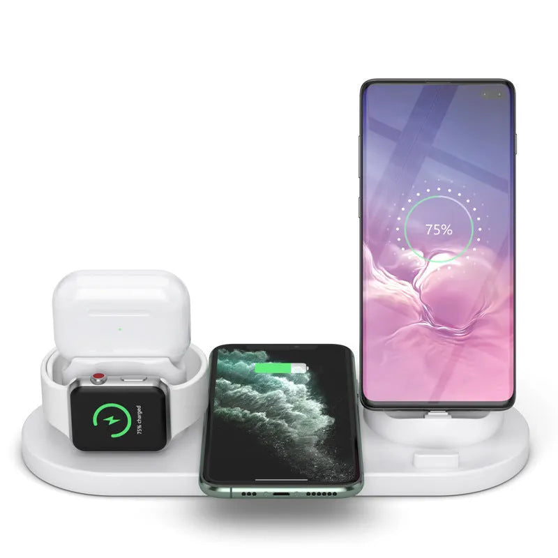 Black or white 6-in-1 wireless charging station holding phone with AirPods and watch charging