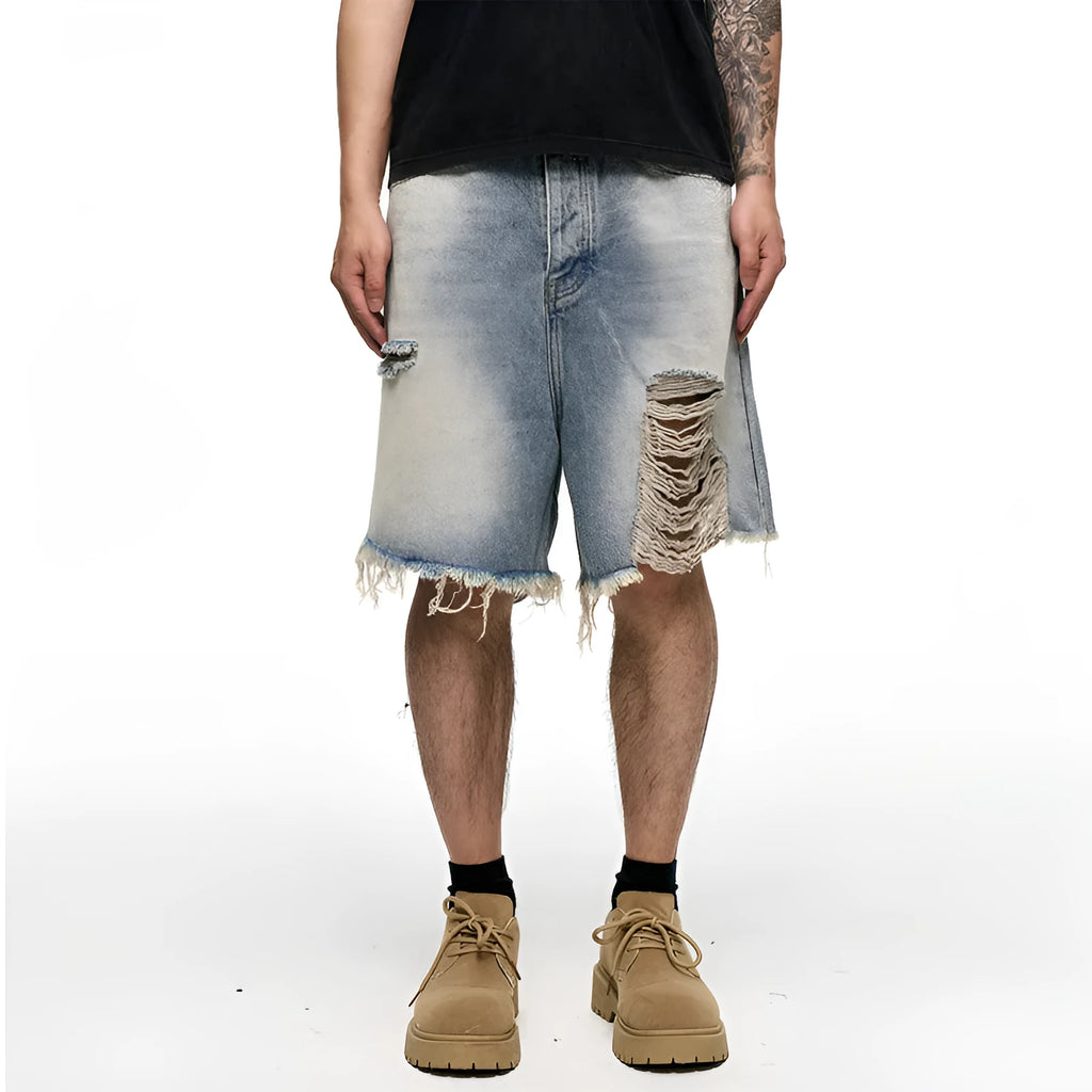 Light blue retro washed denim shorts for men with baggy wide-leg cut and mid-waist design