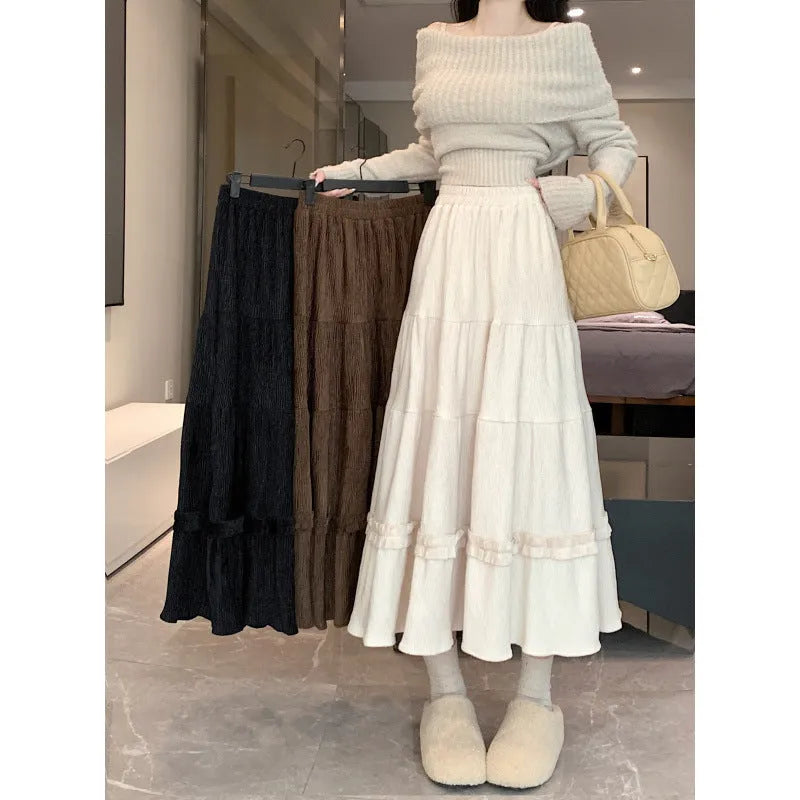 Korean style corduroy A-line midi skirt with elastic waistband in milky white colour