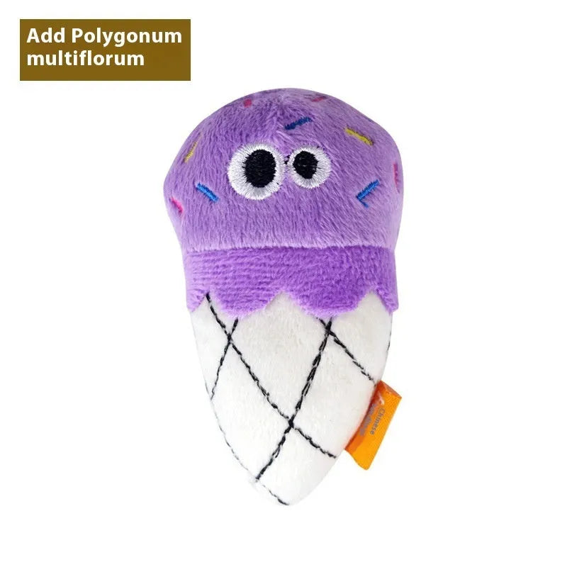 Six catnip plush toys shaped like burrito, cone, cucumber, mushroom, pineapple, and pizza for feline chewing play