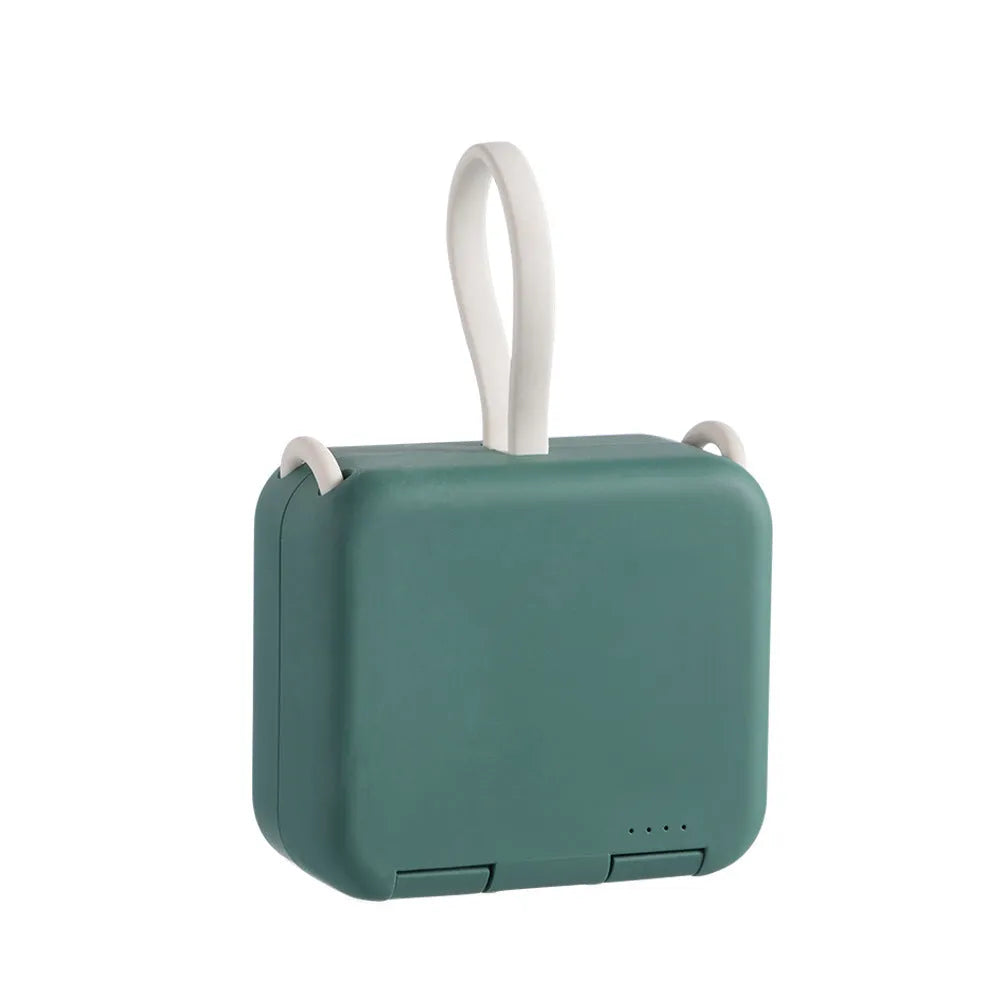 Handbag back clip power bank in blue, showing clip, phone stand function, and Type-C charging ports.