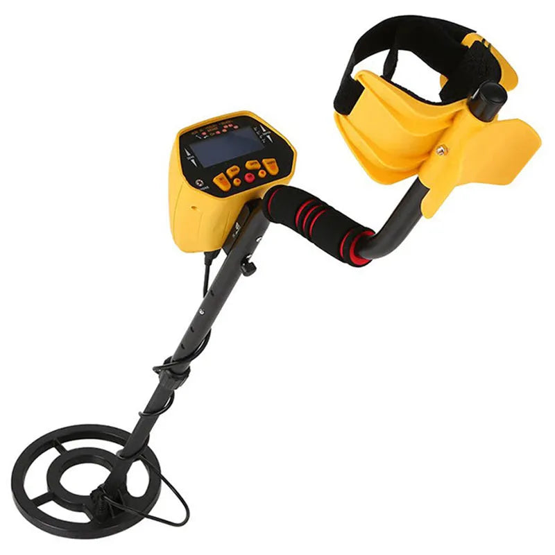 Black and yellow GC1028 professional metal detector with LCD display and waterproof search coil.