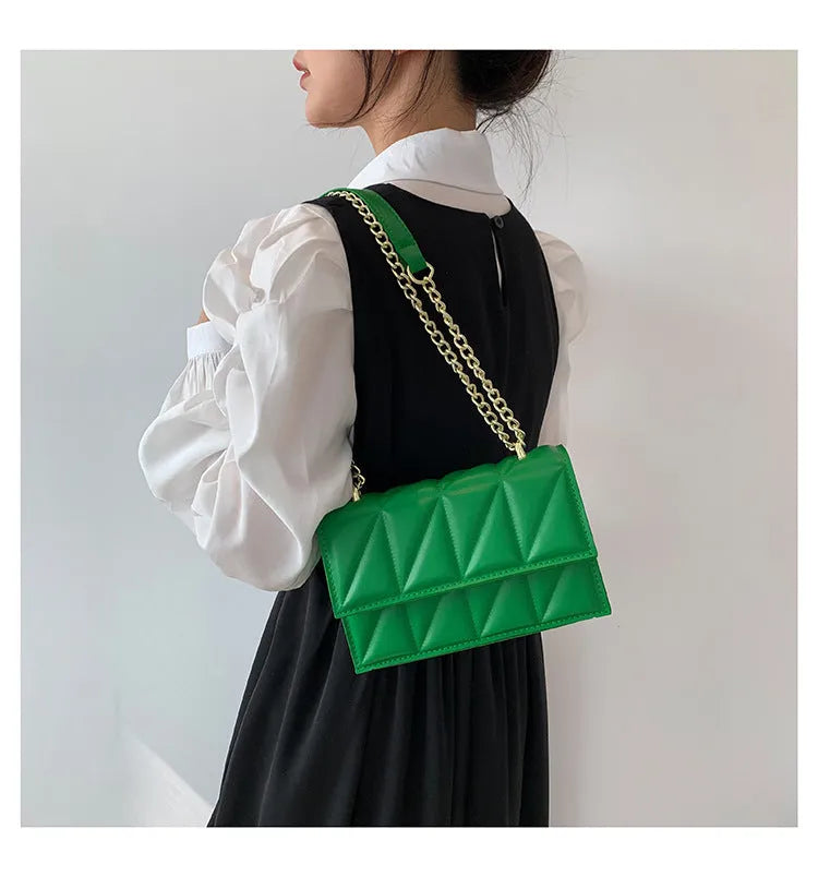 Small square PU crossbody bag with chain strap, 22cm wide, in white black green rose red or orange