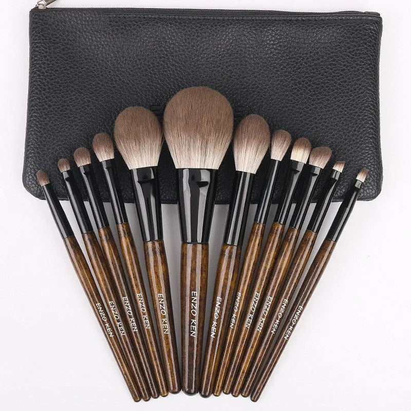 12-piece makeup brush set with wooden handles and PU storage bag displayed