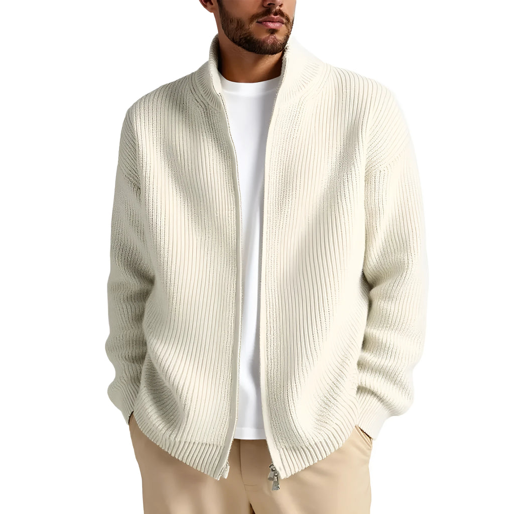 Men's loose fit cardigan sweater in acrylic blend fabric shown in beige colour