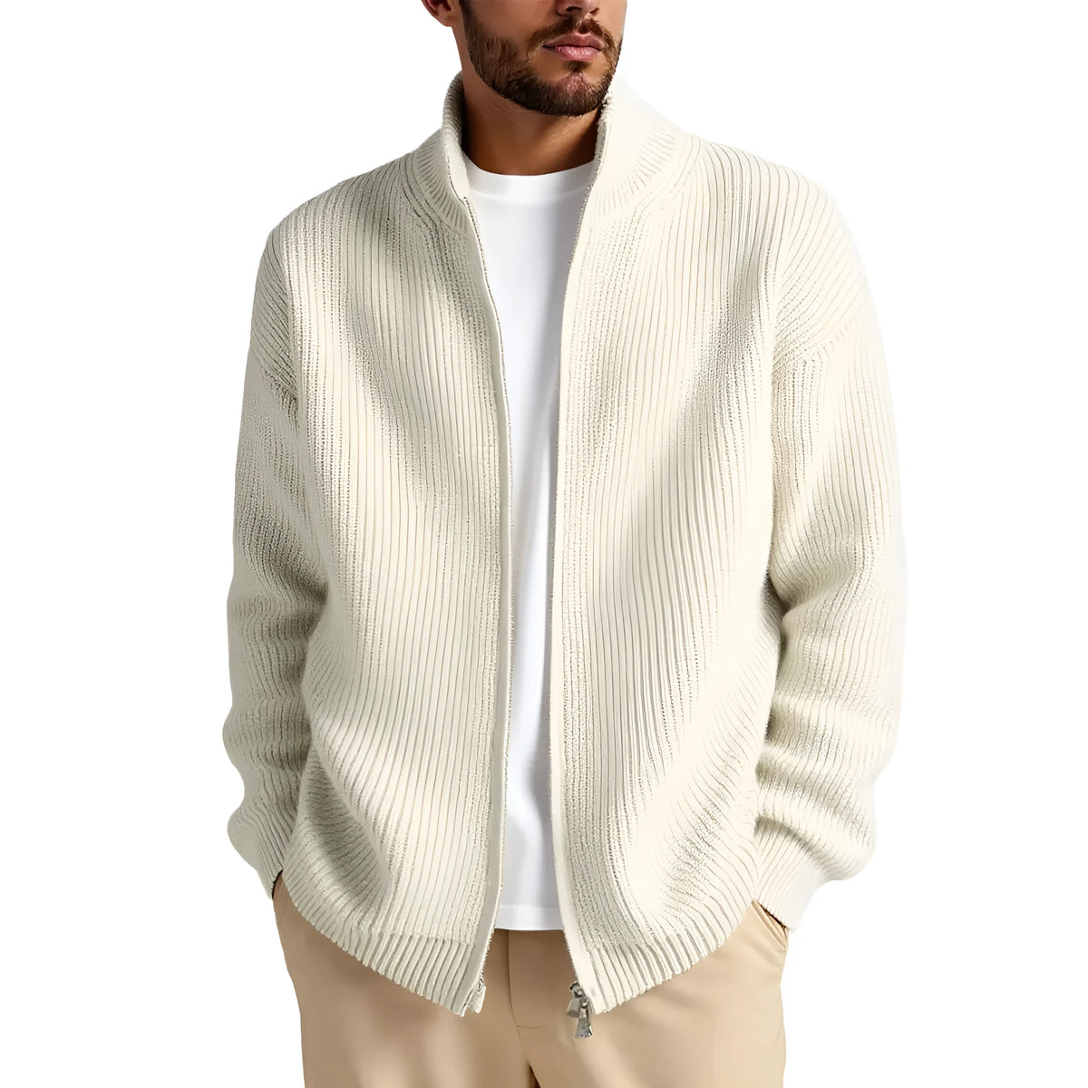 Men's loose fit cardigan sweater in acrylic blend fabric shown in beige colour