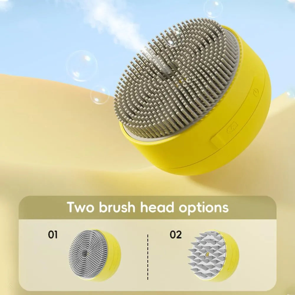 Rechargeable cat steam brush with green silicone bristles and ergonomic handle