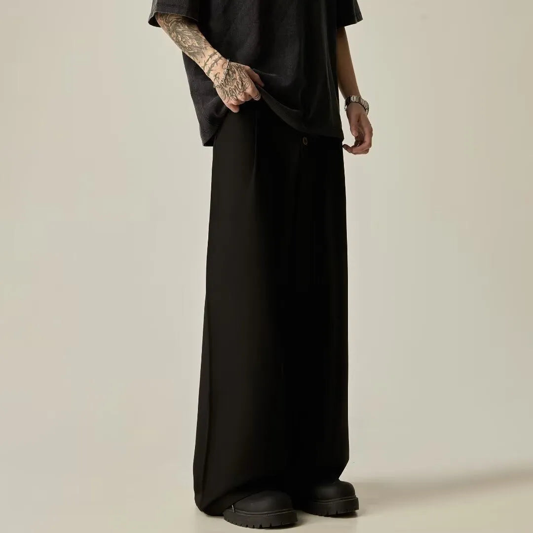Men's straight-leg casual trousers in black cotton blend fabric with button fly