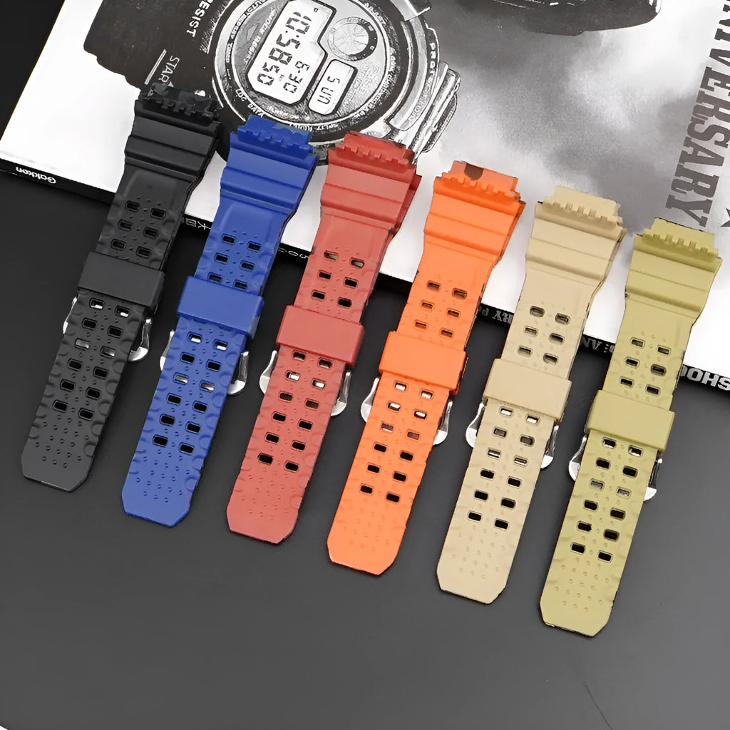 Camouflage pattern TPU rubber watch strap with a silver buckle.