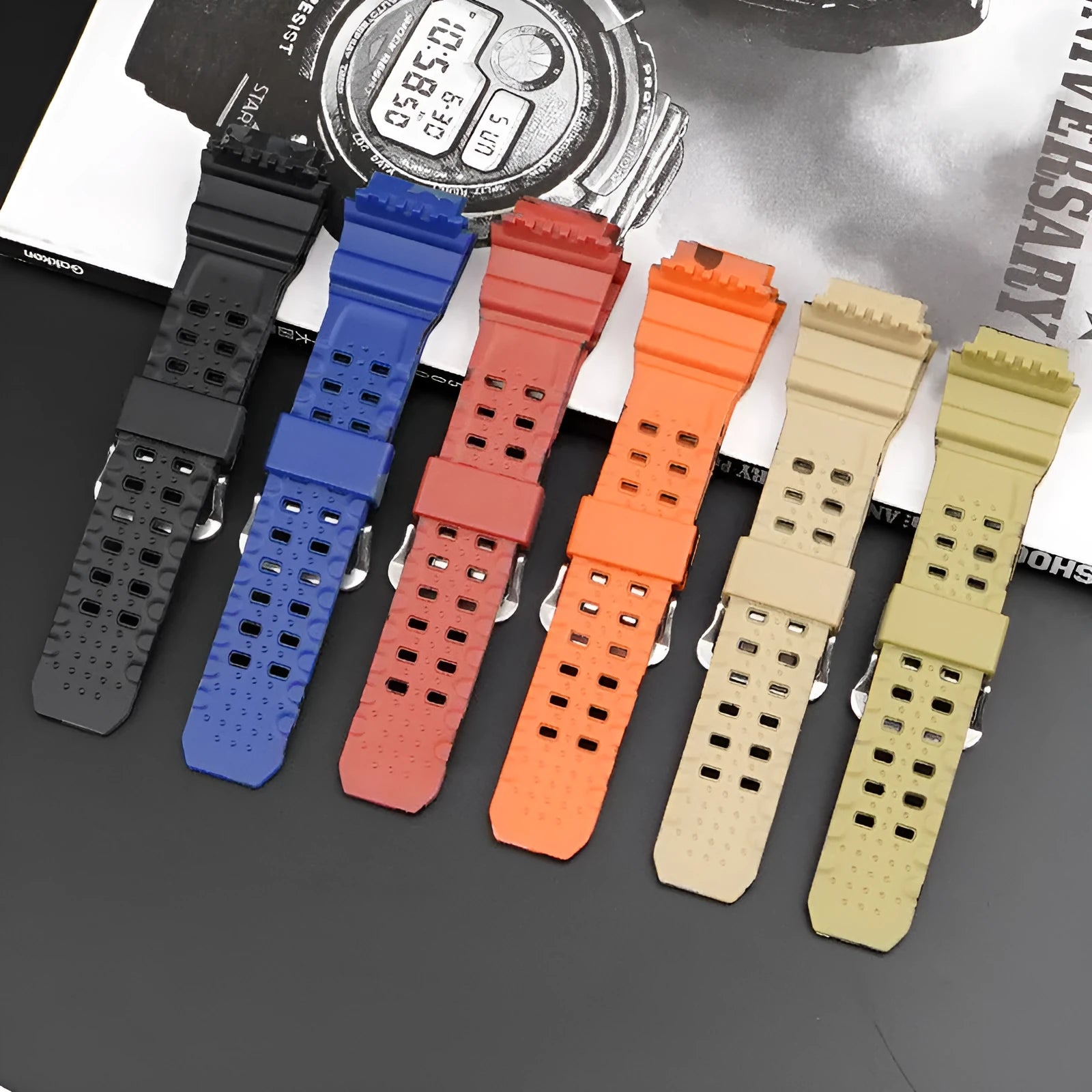 Camouflage pattern TPU rubber watch strap with a silver buckle.