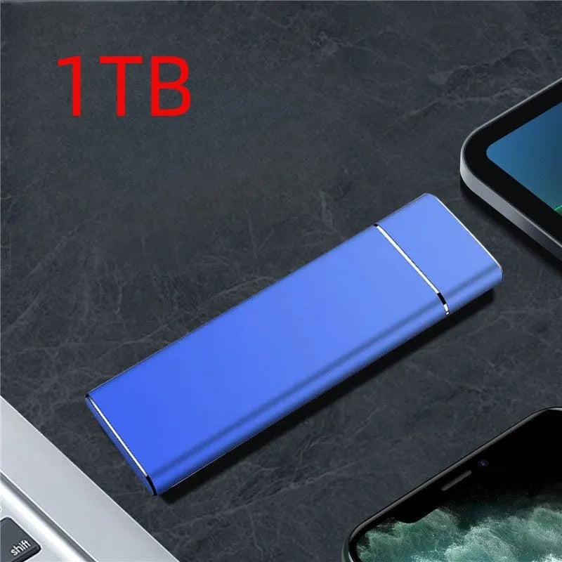 Sapphire blue portable solid state external hard disk with metal shell showing USB connection port