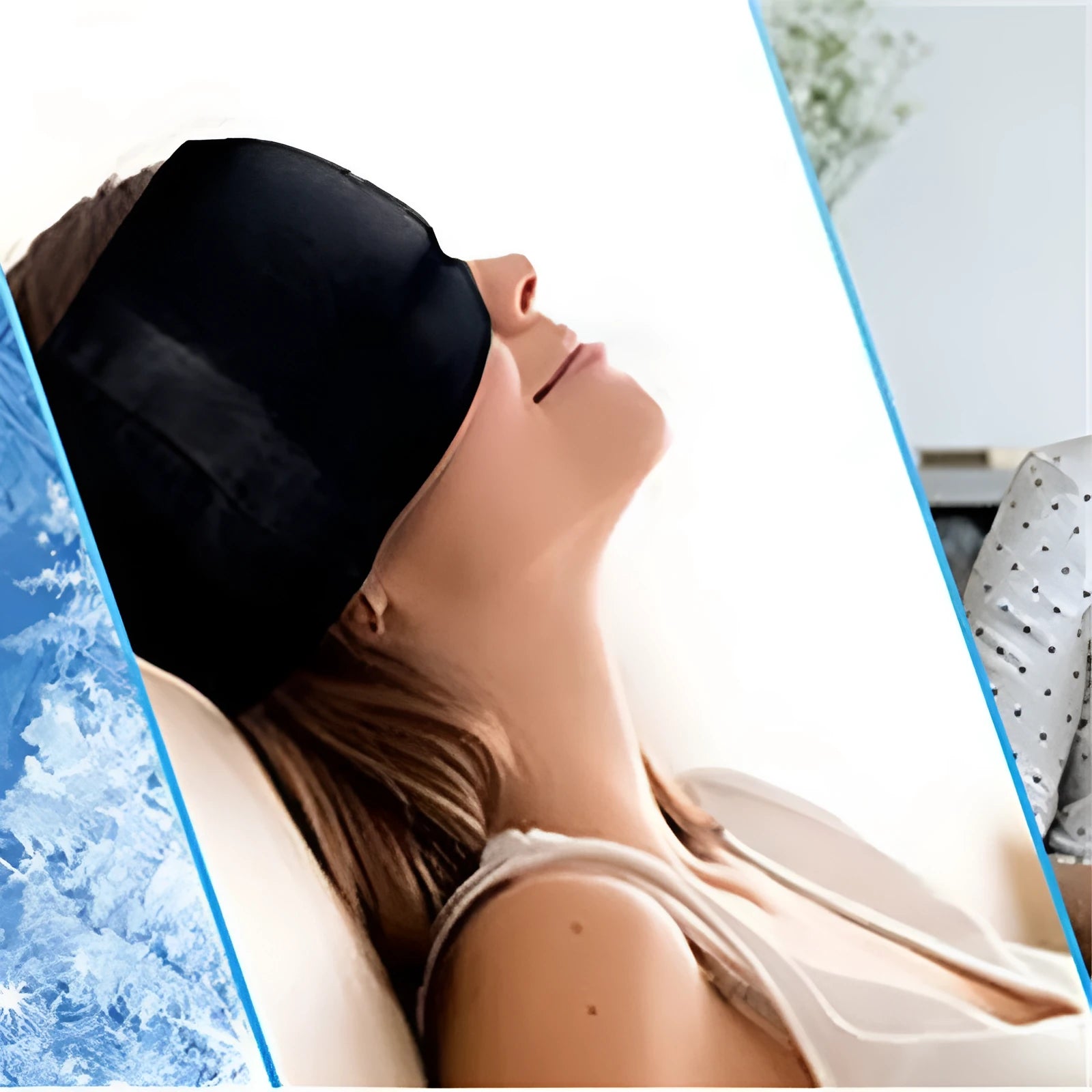 Black elastic cloth gel eye mask for headache relief showing adjustable design