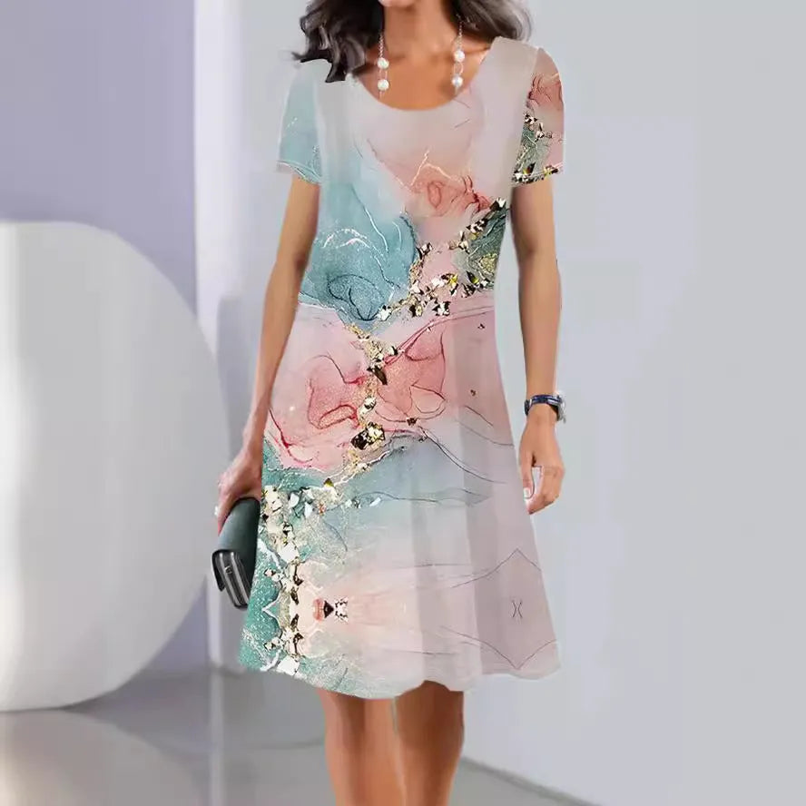 Women's light blue floral print A-line midi dress with short sleeves on a hanger