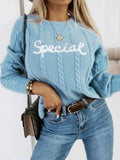 Blue leisure pullover sweater with embroidered letter design and crew neck.