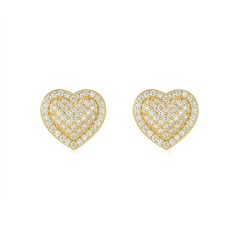 Golden heart-shaped moissanite stud earrings in S925 sterling silver with butterfly backing