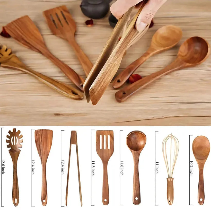 Seven wooden cooking utensils arranged together showing different shapes and sizes