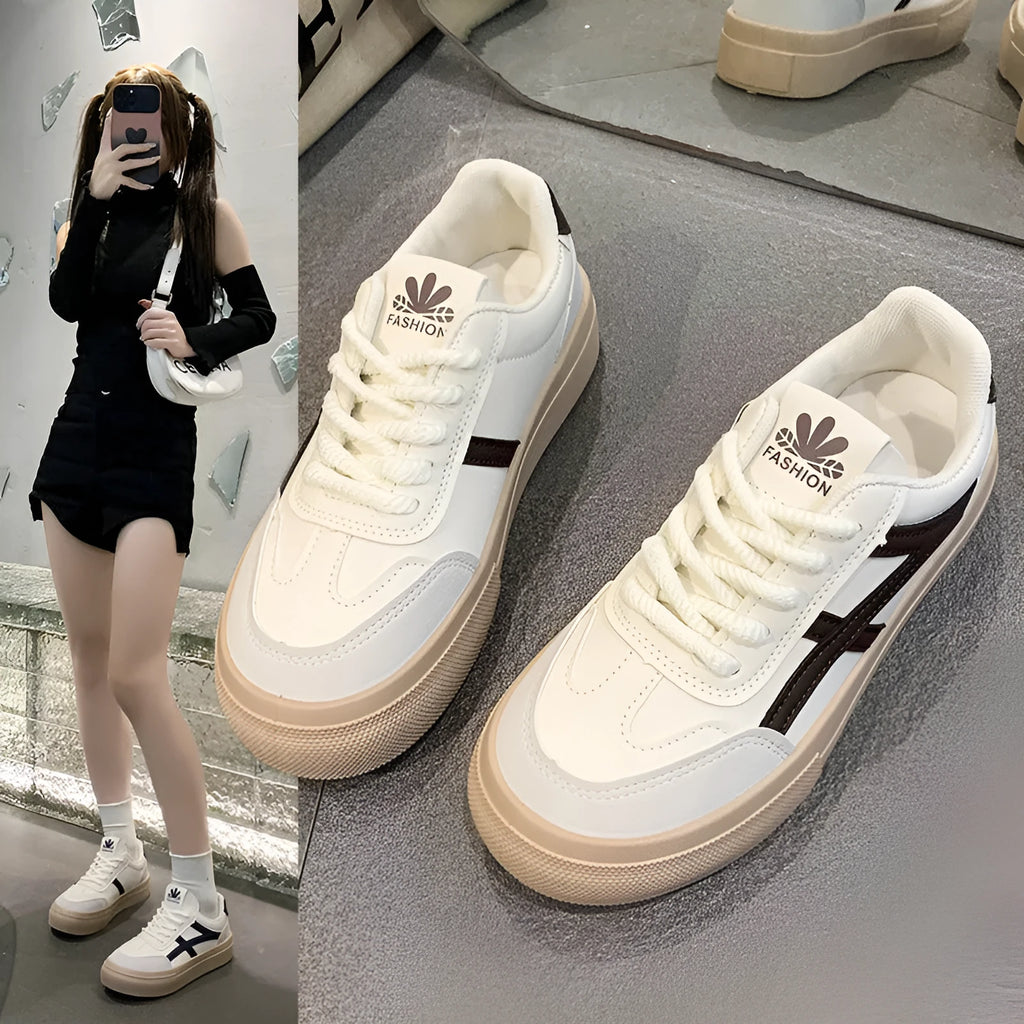 Women's blue and brown casual sports shoes with artificial PU leather upper and front lace-up fastening