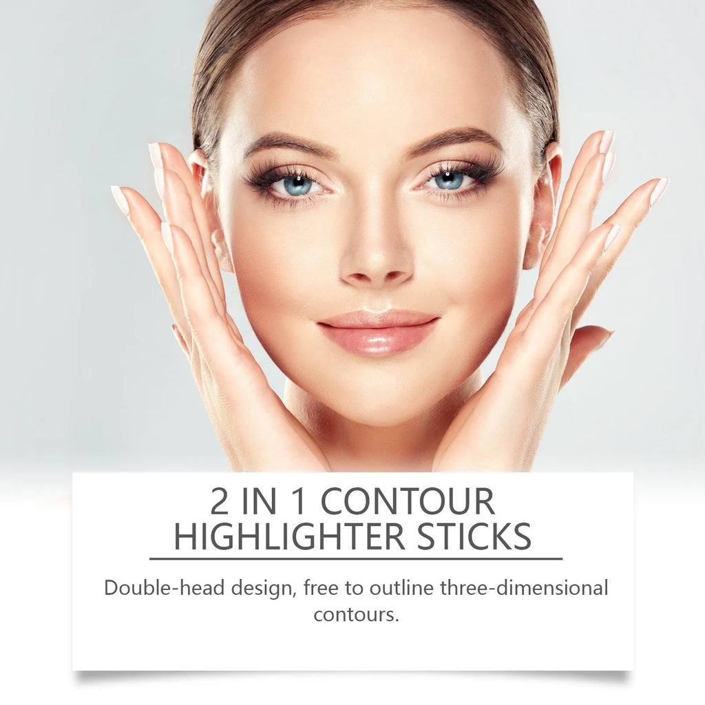 Makeup highlighter contour stick with dual-ended design showing three colour options