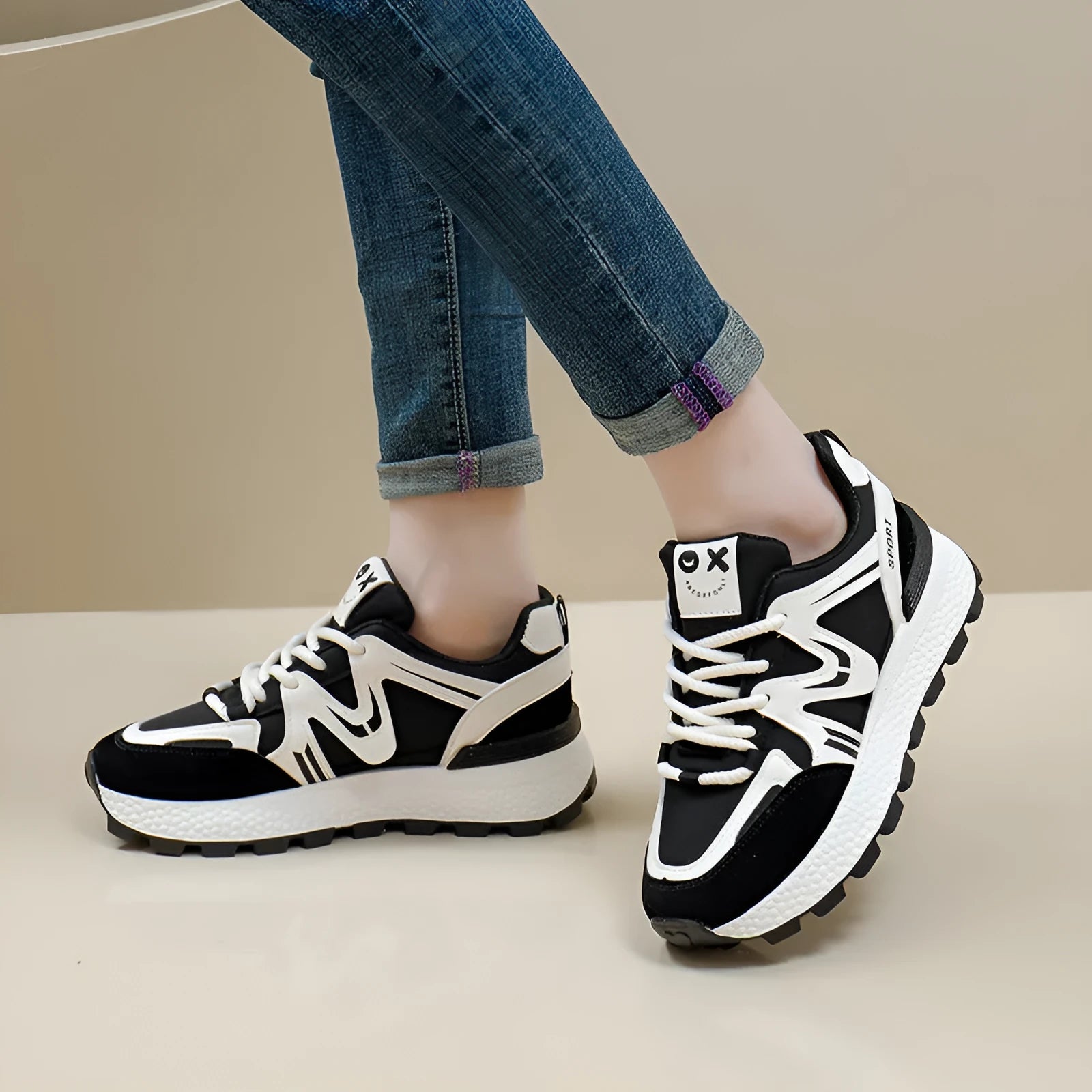 Women's black artificial PU platform casual shoes with round toe and front lace-up closure on a flat heel.