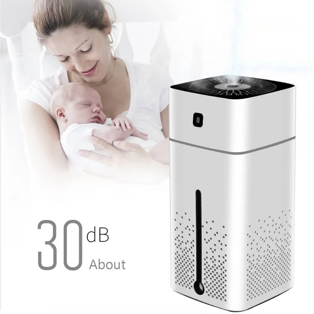 Black or white desktop humidifier measuring 103mm by 103mm by 218mm with USB cable