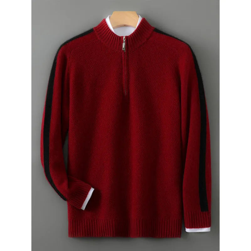 Half-zip wool sweater in slim fit with round neck, shown in one of four colours: Chinese Red, Grey, Pea Green, or Raw Velvet Camel