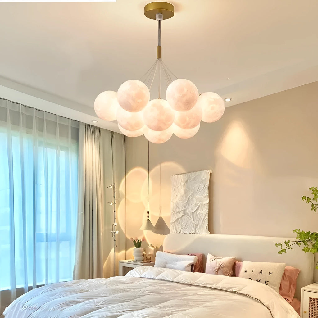 Nordic moon bubble chandelier with 12cm glass balls and iron pendant in gold or black finish
