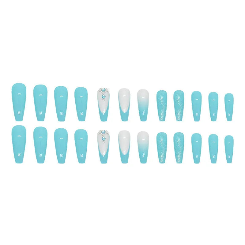Z689 Smart Blue Diamond long ballet style nail patches with glue for ladies
