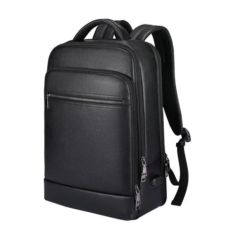 Men's black leather business computer backpack with curved shoulder straps