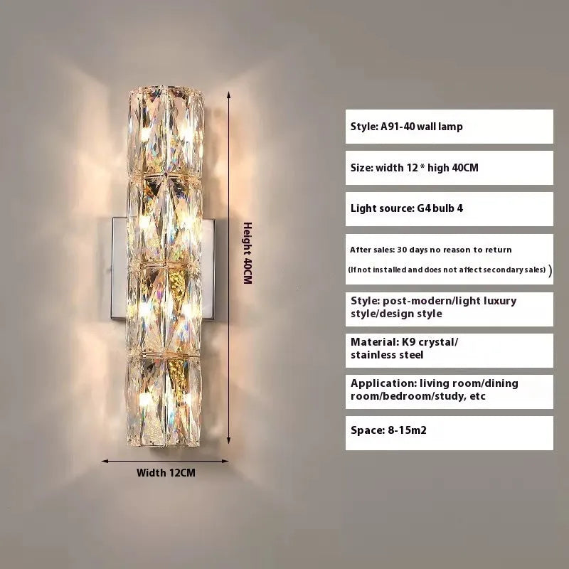 Crystal shade wall lamp with stainless steel body in chrome or gold finish, shown in multiple sizes.