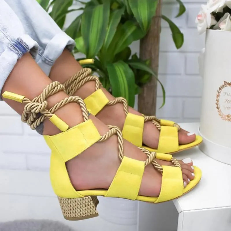 Women's beige suede thick-heeled sandals with front strap and ankle strap