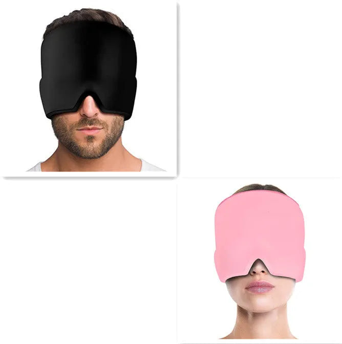 Black elastic cloth gel eye mask for headache relief showing adjustable design