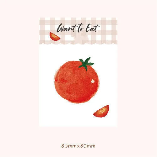 Food-shaped A5 notepad with bread, tomato, and yogurt designs, 85mm by 120mm.