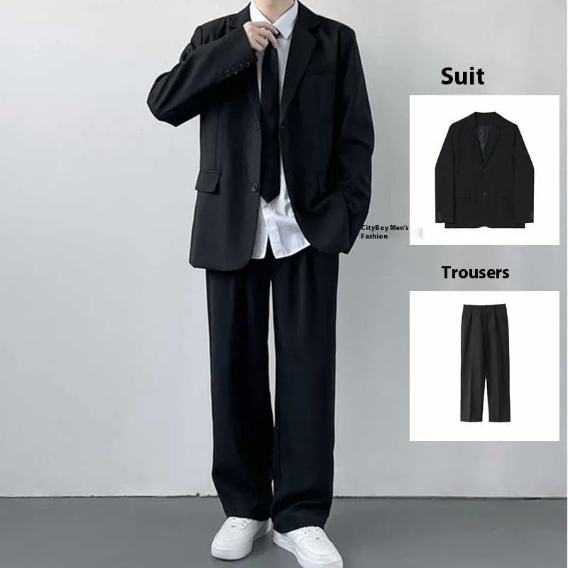 Plus size man wearing a navy college style suit jacket and trousers with a white shirt and blue tie.