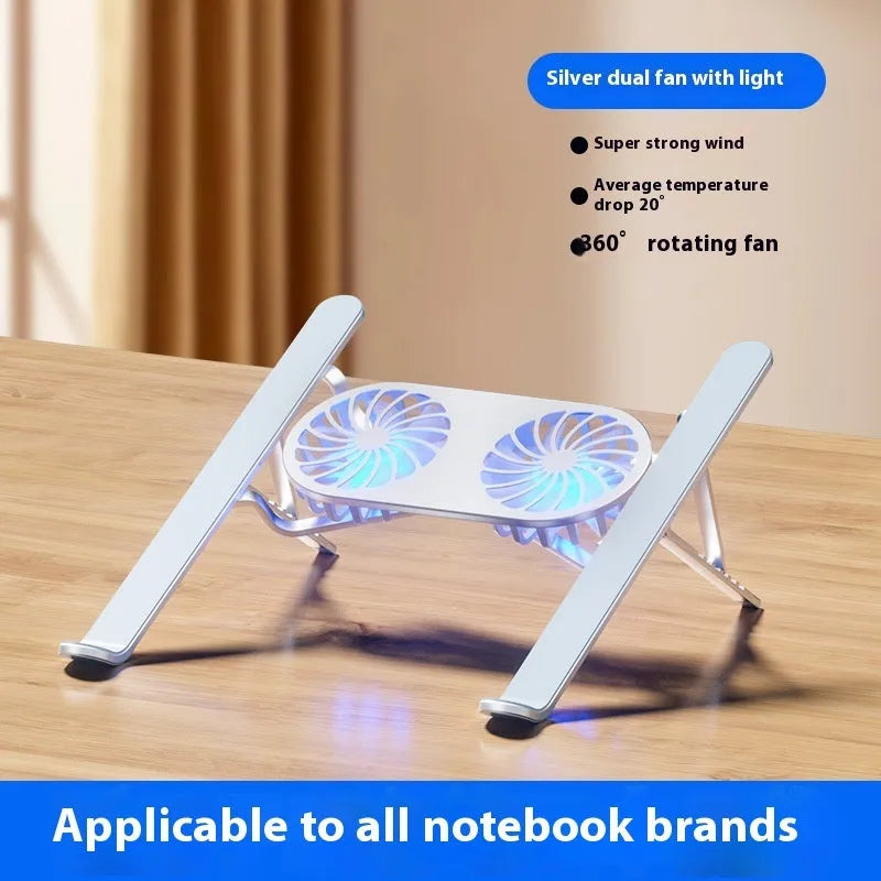 Silver aluminium laptop cooling stand with twin fans and height adjustment mechanism