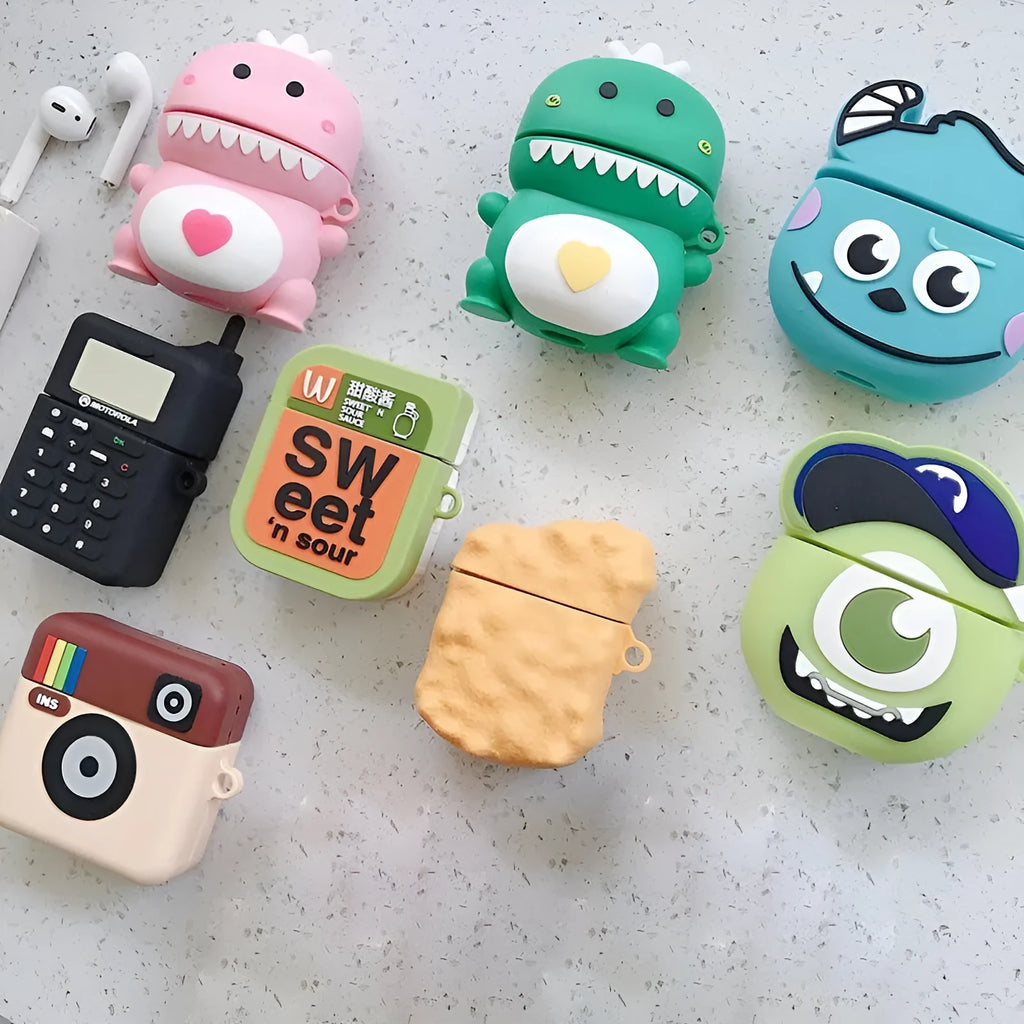 Silicone protective case with cartoon animal design compatible with Apple AirPods 1 and 2 in various colours