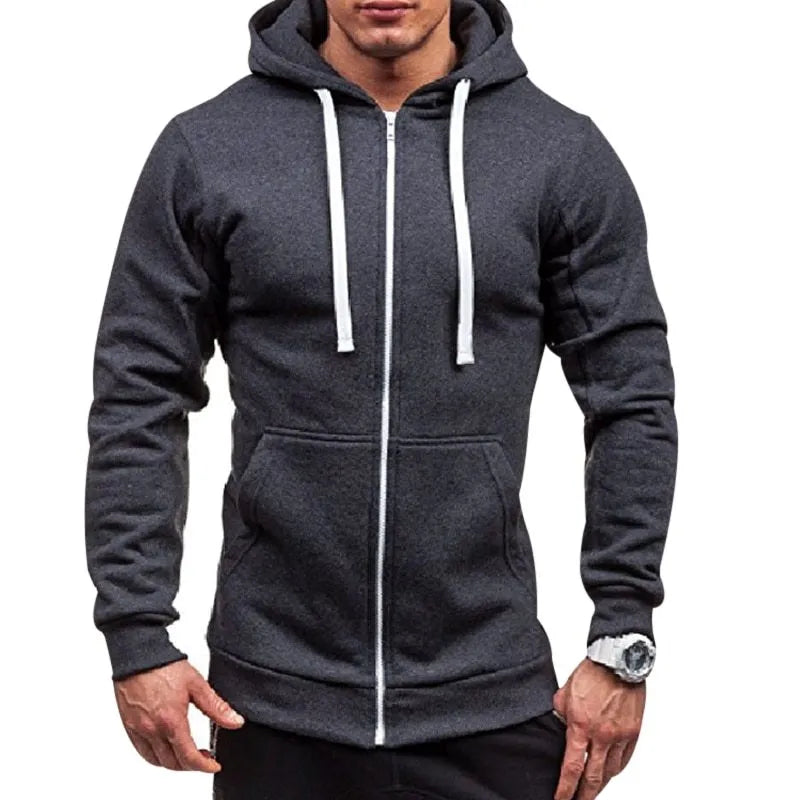 Men's black hooded zip-up cardigan hoodie, loose fit, long sleeve, plain polyester blend, casual four-season style
