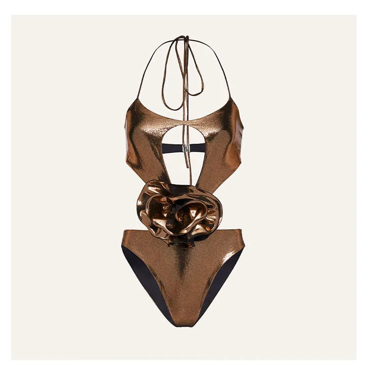 Handmade gold one-piece swimsuit with halter neck and hollow-out design