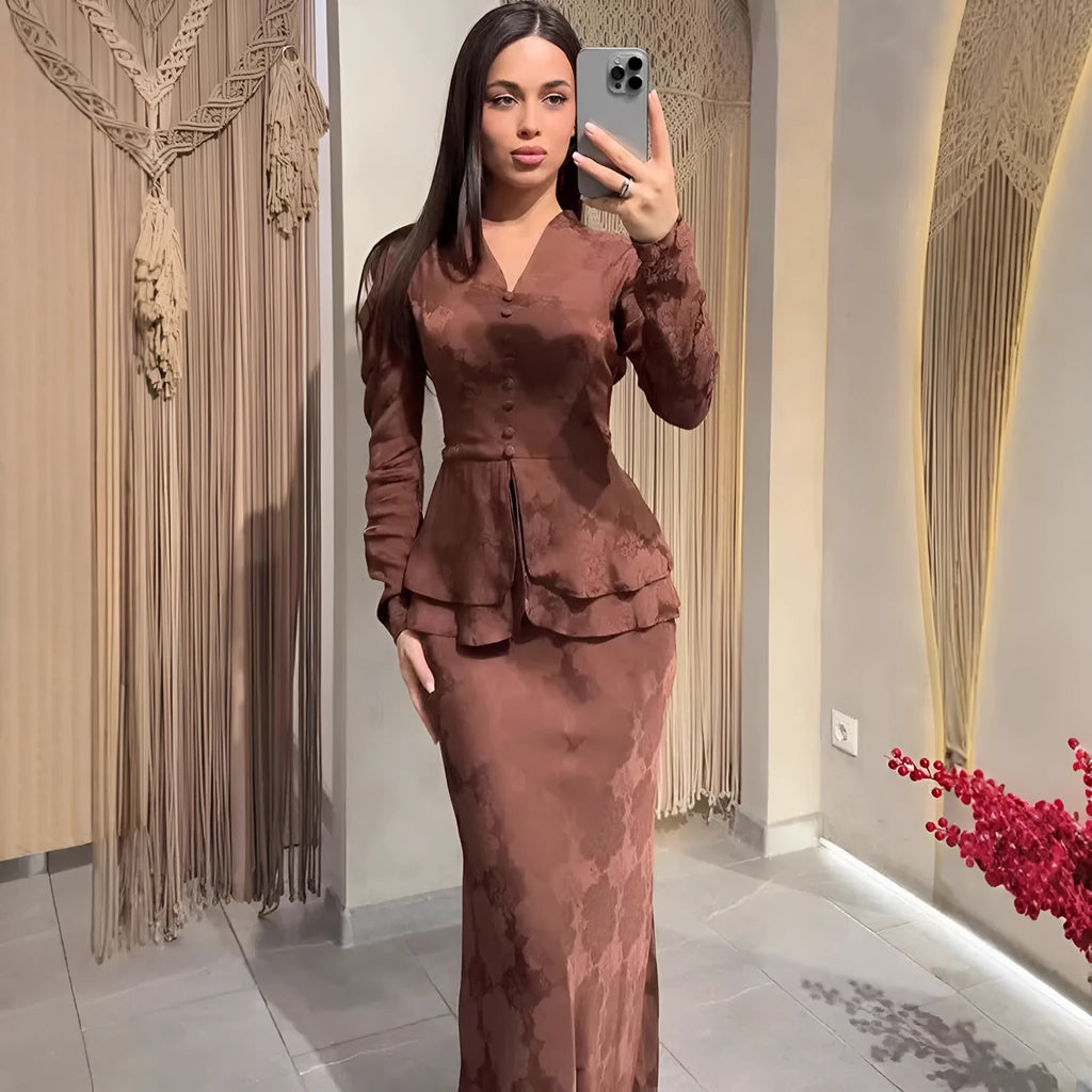 Dark brown artistic retro dress with fake two-piece design and plant pattern