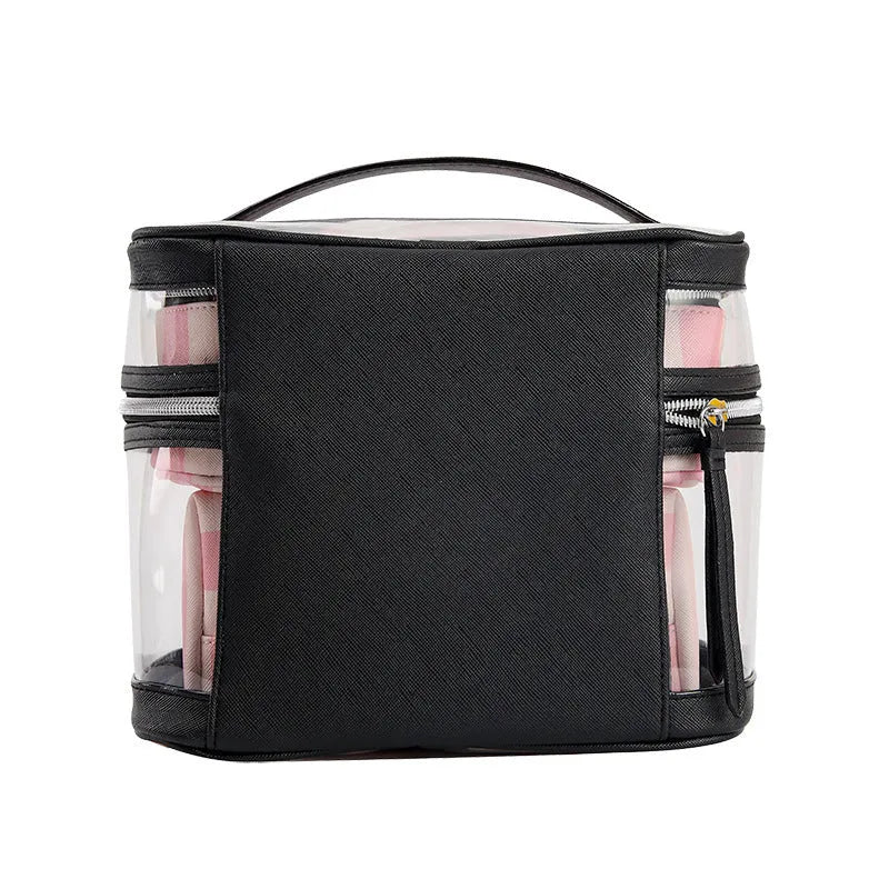 Pink bold stripes makeup bag with flower pattern, synthetic leather with waterproof lining, folding design