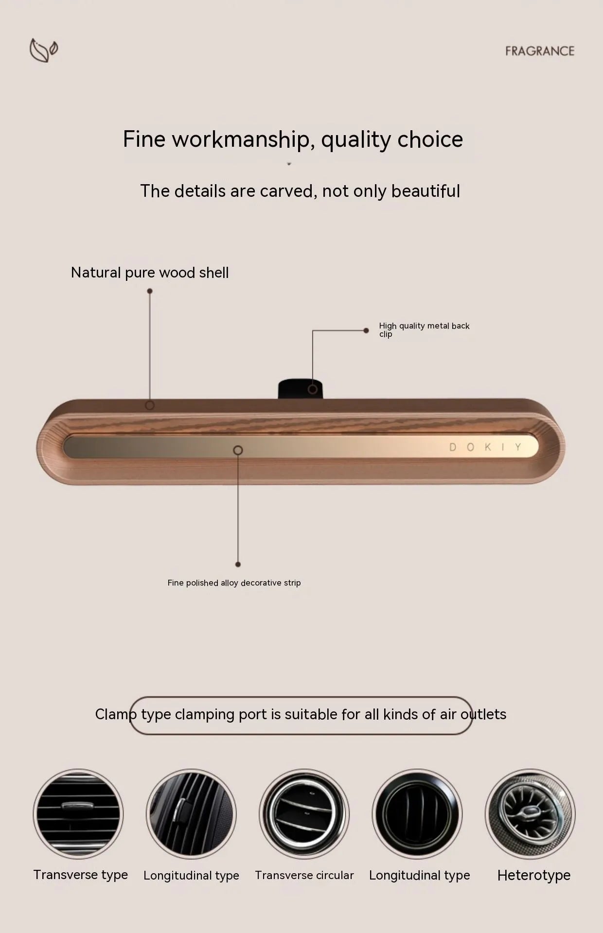 Car air vent aromatherapy ornament in long strip design, shown in walnut and metallic grey colour options