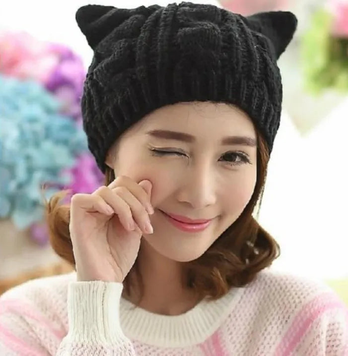 Hand made 3D cat ear knitted wool beanie in winter colours