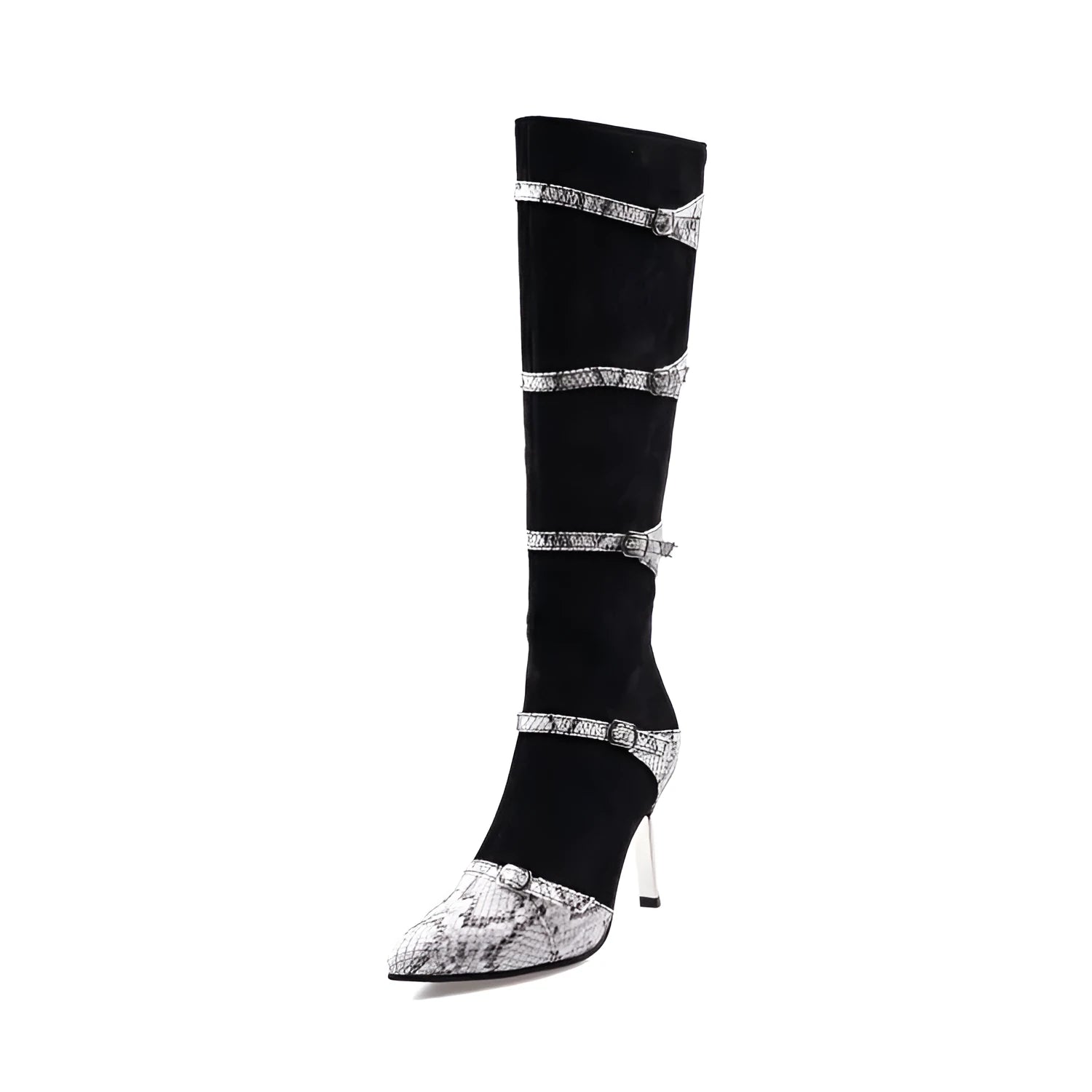Women's knee high boots with thin 9cm heels in black and grey colours
