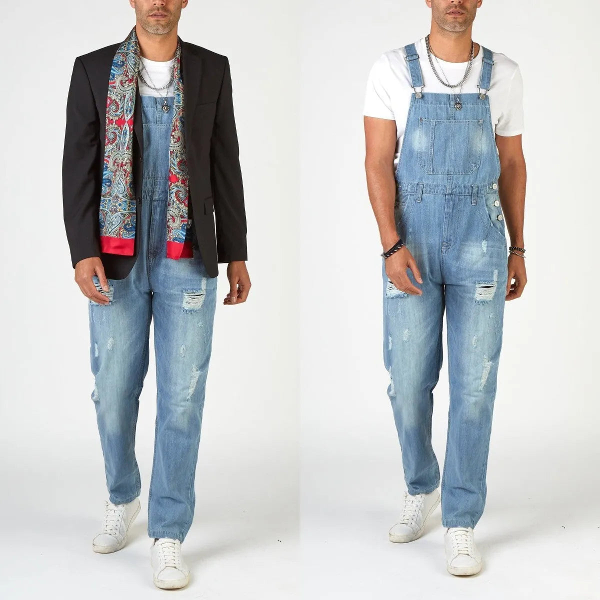 Light blue men's jeans with ripped detailing, suspender straps, and high-waist retro styling