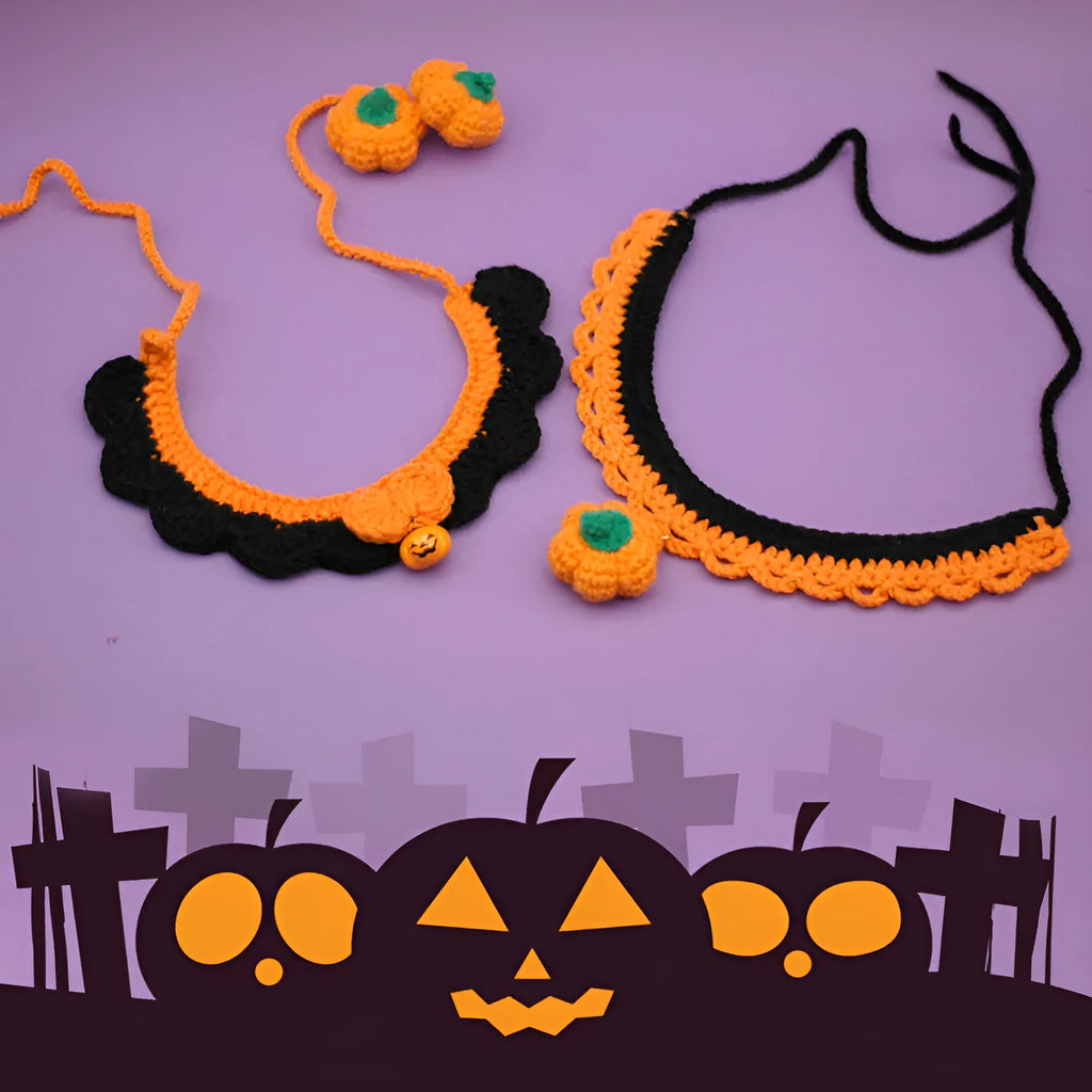 Hand-crocheted wool pet collar with pumpkin design in adjustable sizes