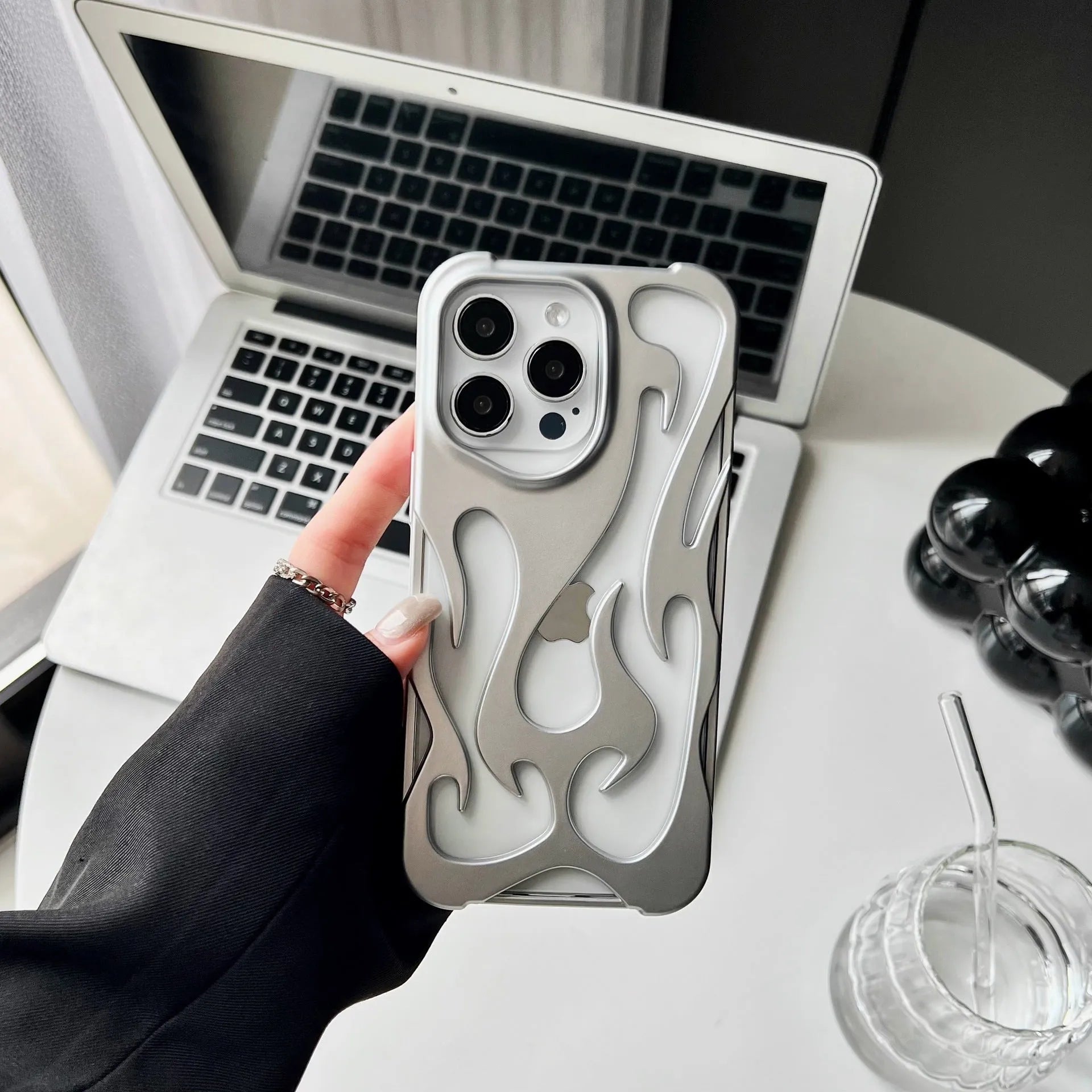 Electroplating hollow flame pattern soft TPU phone case for Apple iPhone in metallic silver finish