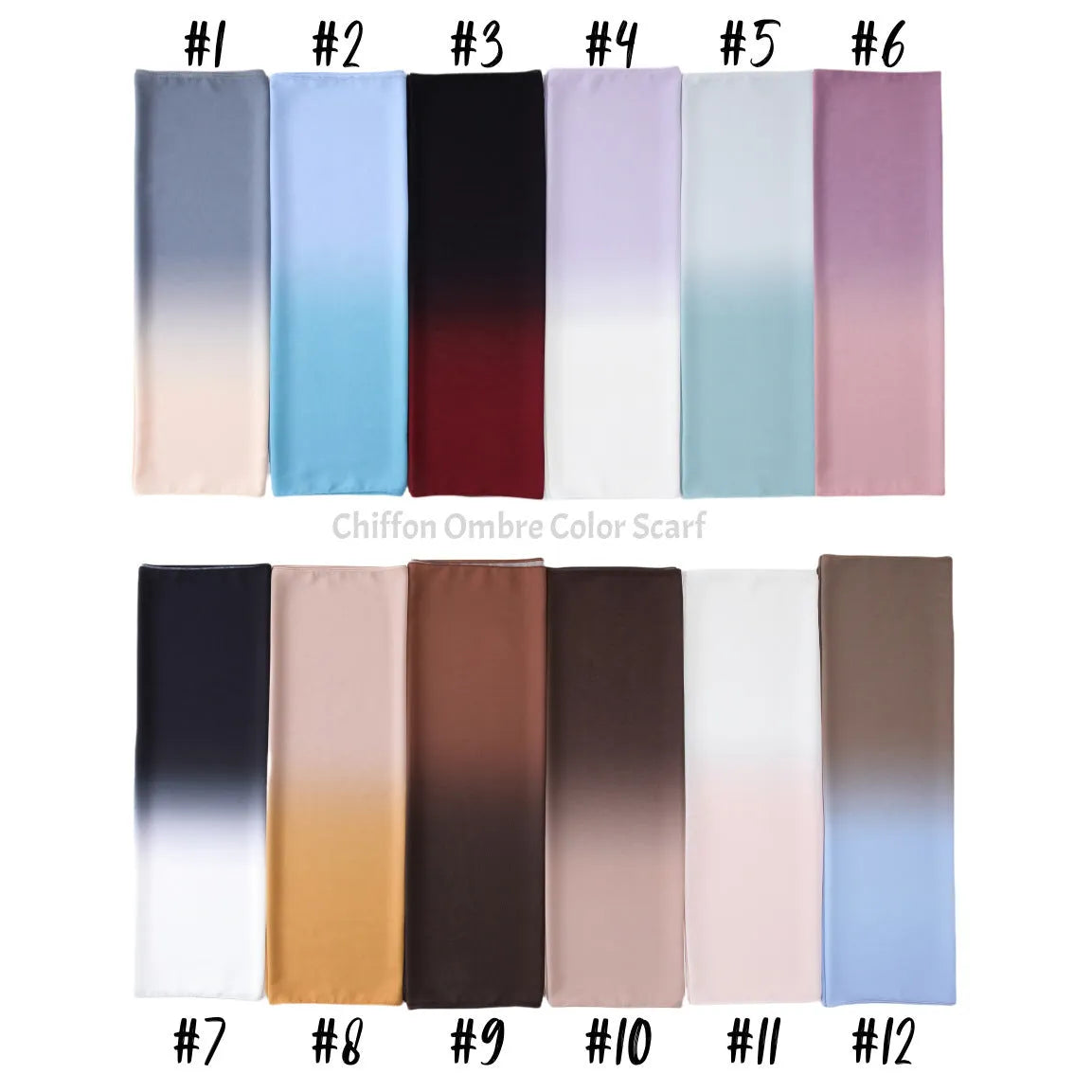 Long light blue chiffon scarf draped showing its 175cm length and 70cm width.