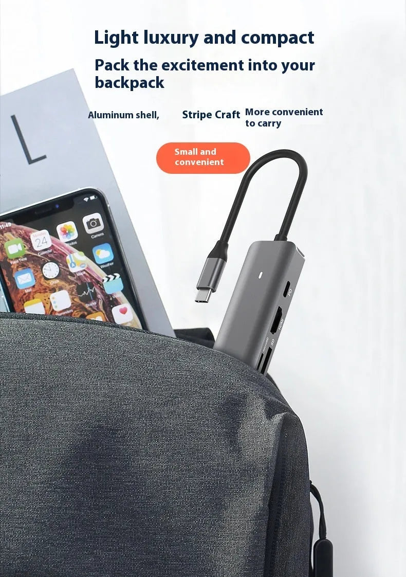 7-in-1 USB-C hub with SD card reader, MicroSD slot, HDMI port, USB 3.0 ports, and PD charging
